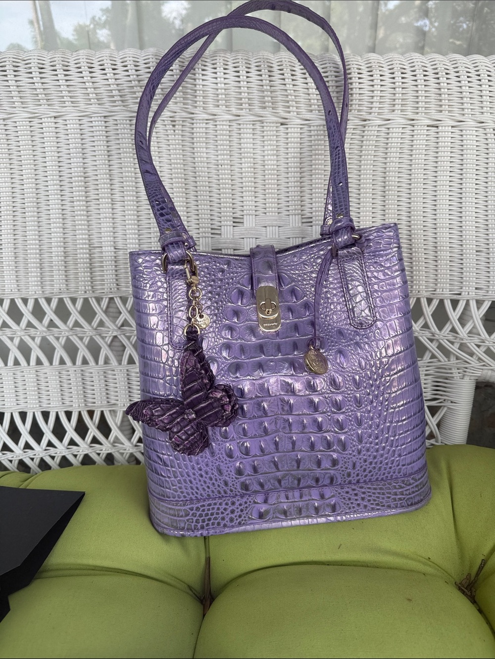 Purple Croc-Embossed Tote Bag with Butterfly Charm